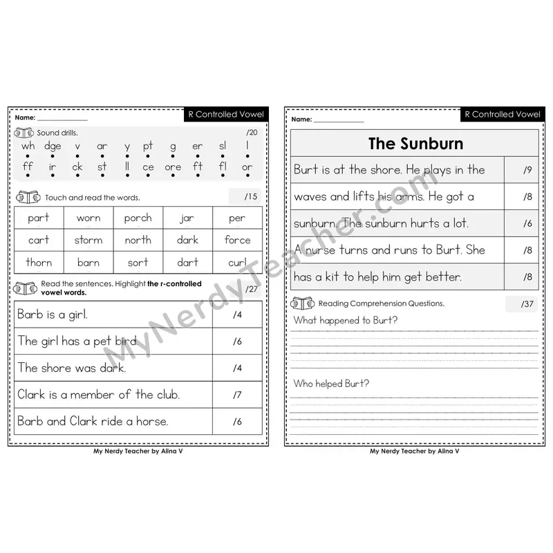 Editable Phonics Assessment — R-Controlled Vowels Review (Black & White)