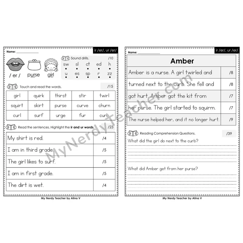 Editable Phonics Assessment — ir /er/, ur /er/ (Black & White)