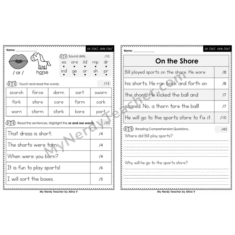 Editable Phonics Assessment — or /or/, ore /or/ (Black & White)