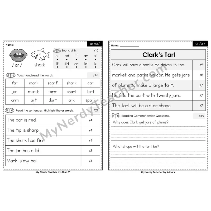 Editable Phonics Assessment — ar /ar/ (Black & White)