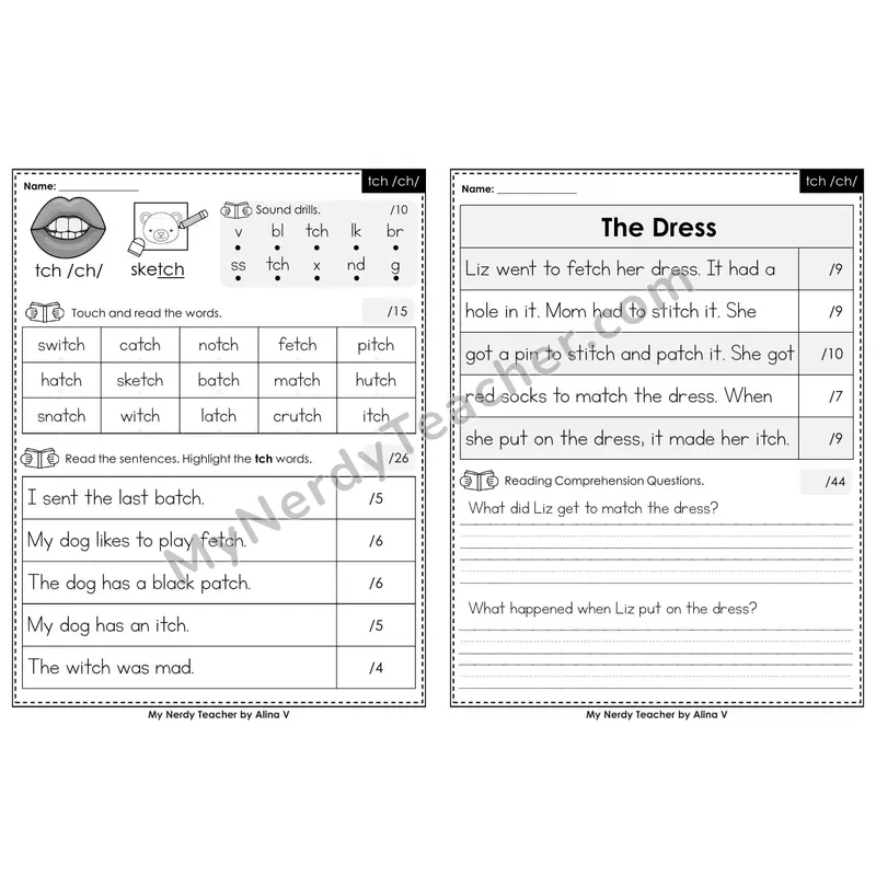 Editable Phonics Assessment — tch /ch/ (Black & White)