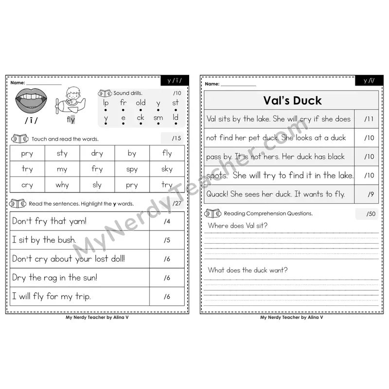 Editable Phonics Assessment — y /ī/ (Black & White)