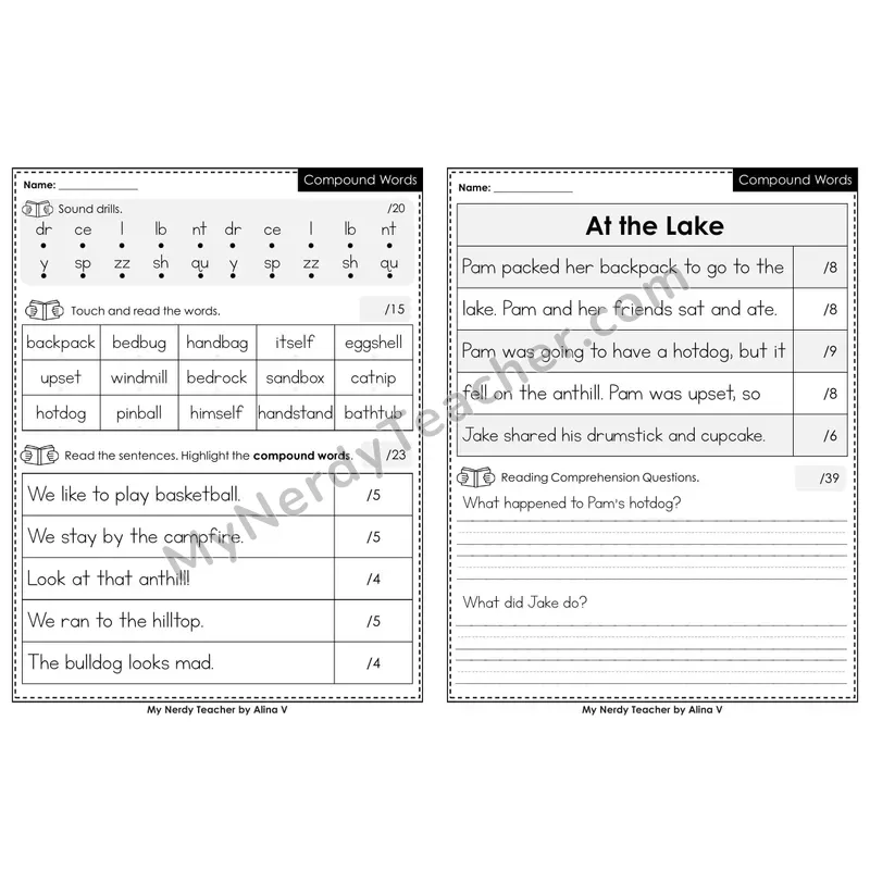 Editable Phonics Assessment — Compound Words (Black & White)