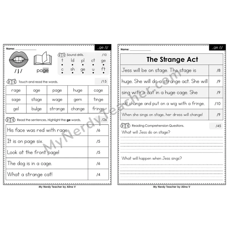 Editable Phonics Assessment — _ge /j/ (Black & White)