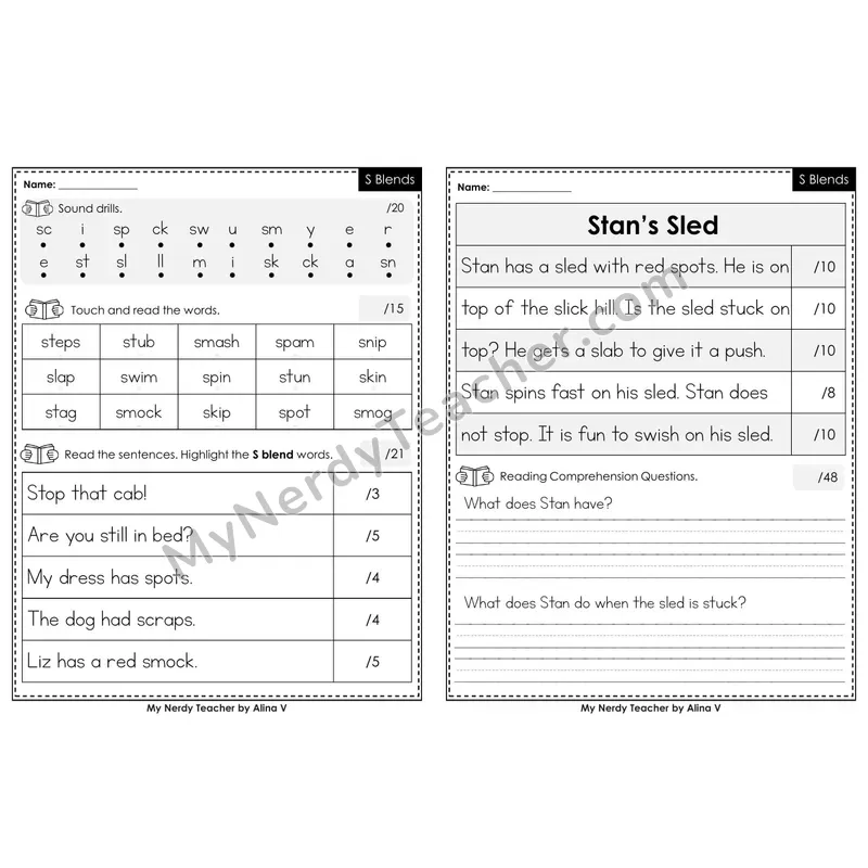 Editable Phonics Assessment — S Blends (Black & White)