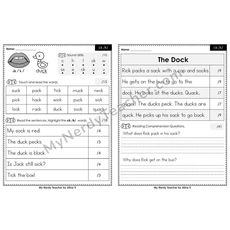 Editable Phonics Assessment — ck /k/ (Black & White)