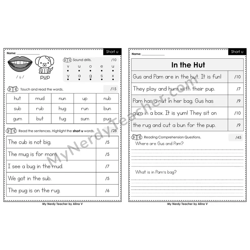 Editable Phonics Assessment — Short u (Black & White)