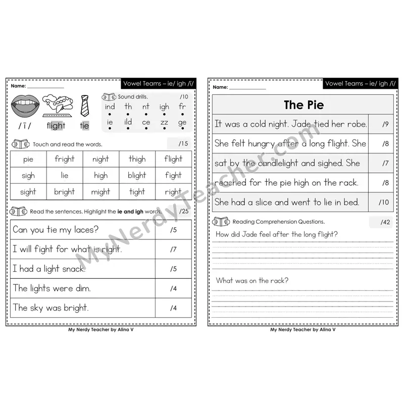 Printable Phonics Assessment — Vowel Teams - ie, igh