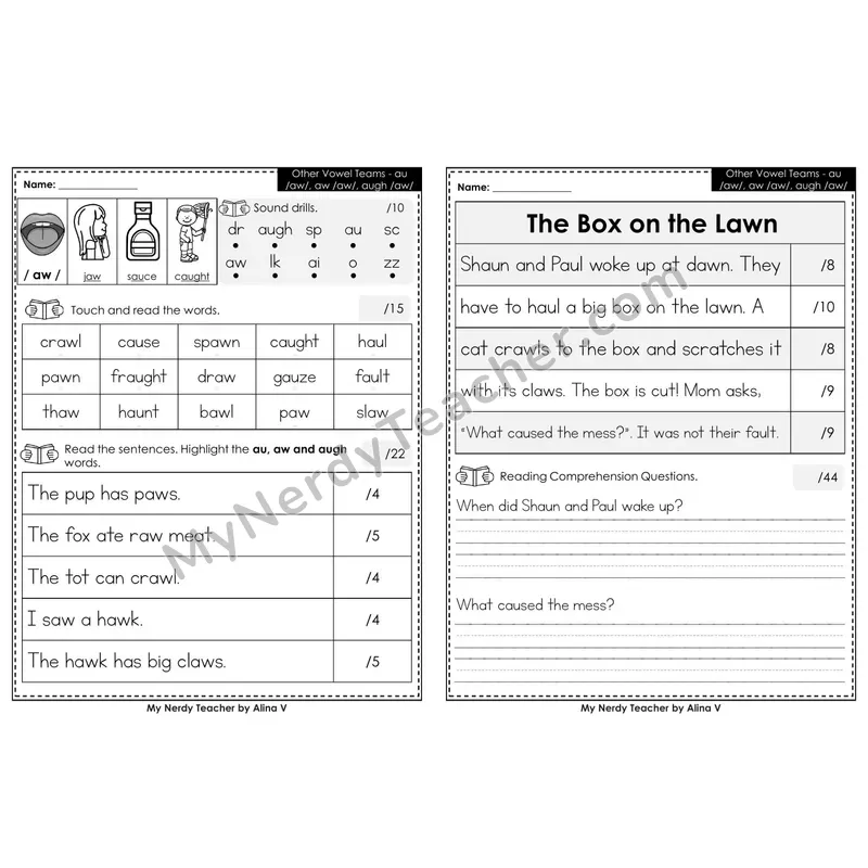 Printable Phonics Assessment — Other Vowel Teams - au, aw, augh /aw/