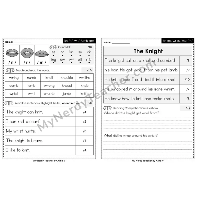 Printable Phonics Assessment — Silent Letters: kn, wr, mb