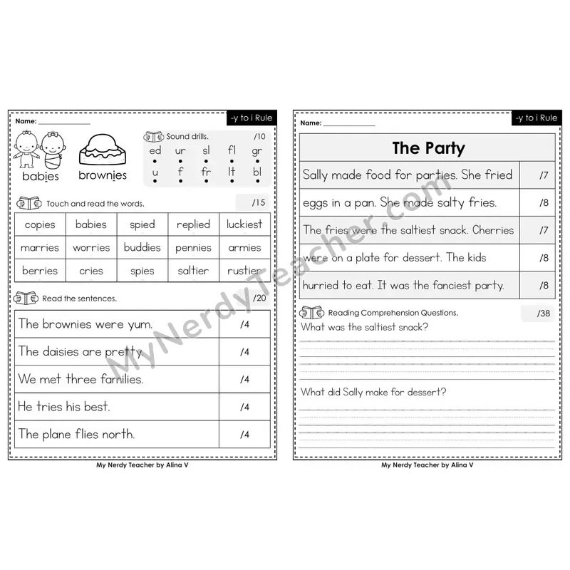 Printable Phonics Assessment — -y to i Rule