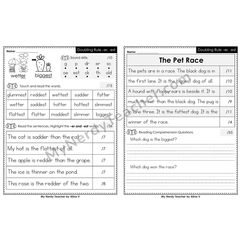 Printable Phonics Assessment — Doubling Rule -er, -est