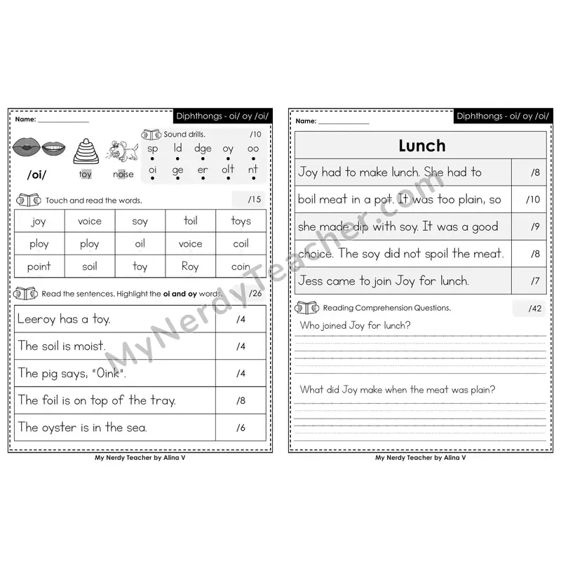 Printable Phonics Assessment — Diphthongs - oi, oy