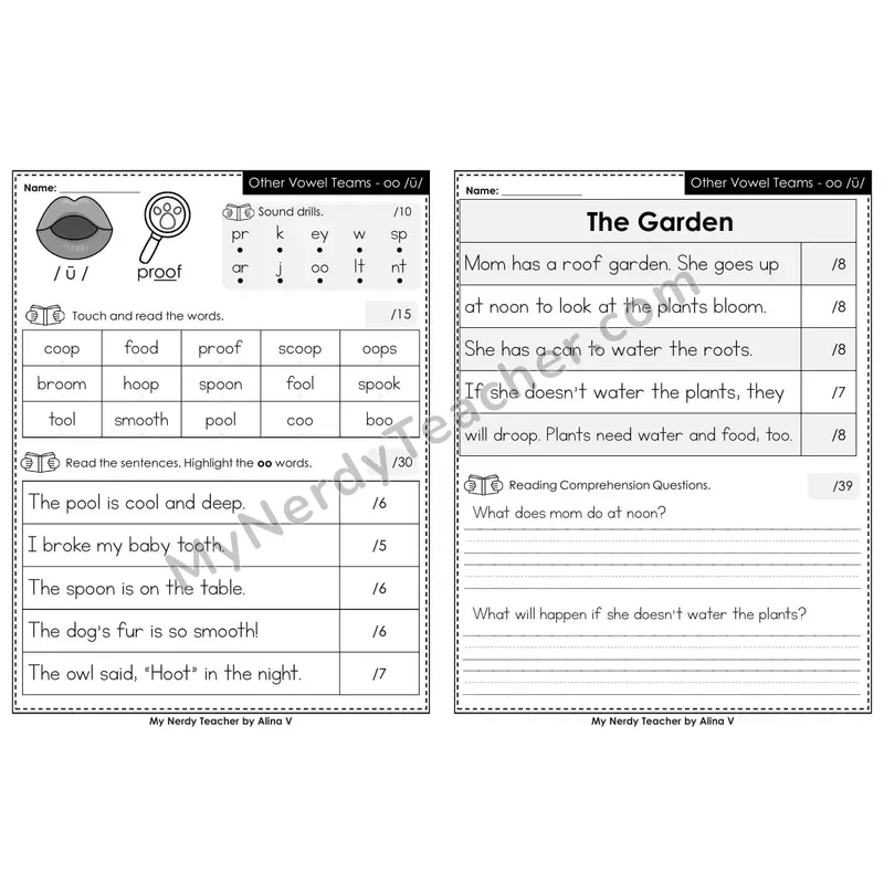 Printable Phonics Assessment — Other Vowel Teams - oo /ū/