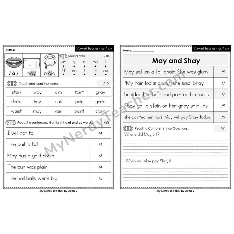 Printable Phonics Assessment — Vowel Teams - ai, ay