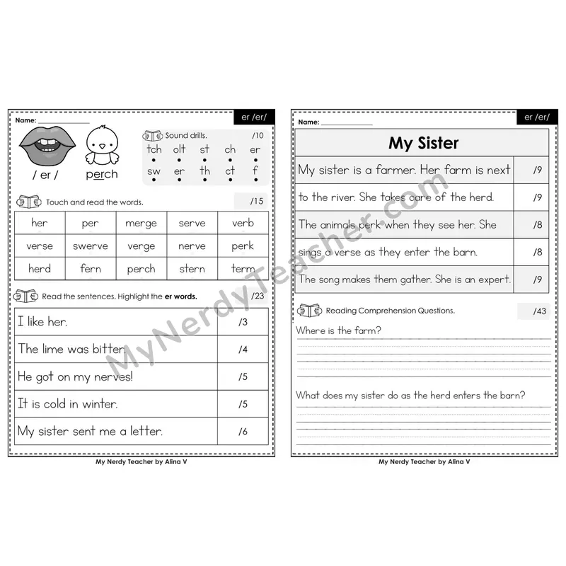 Printable Phonics Assessment — er /er/