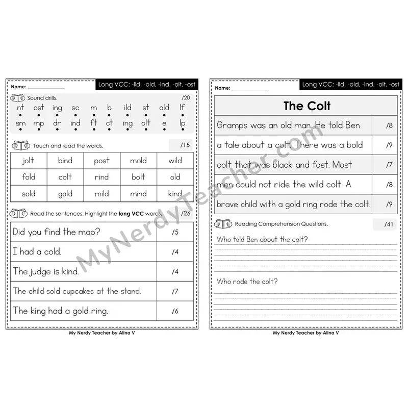 Printable Phonics Assessment — Long VCC (-ild, -old, -ind, -olt, -ost)