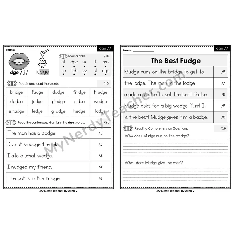 Printable Phonics Assessment — dge /j/