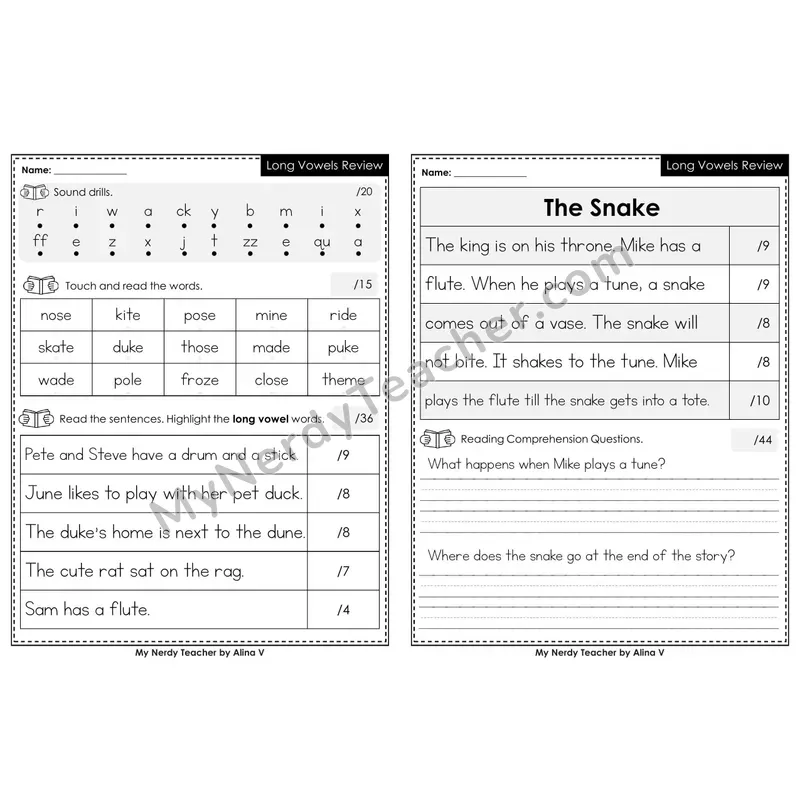 Printable Phonics Assessment — Long Vowels Review