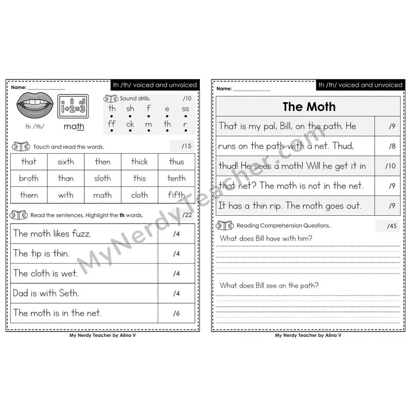 Printable Phonics Assessment — th /th/ Voiced and Unvoiced