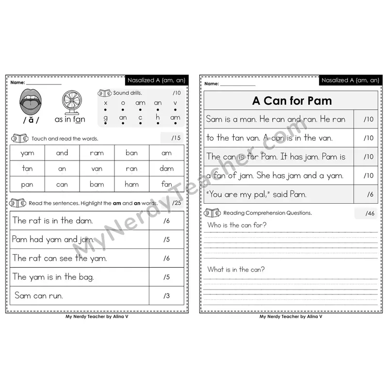 Printable Phonics Assessment — Nasalized A (am, an)