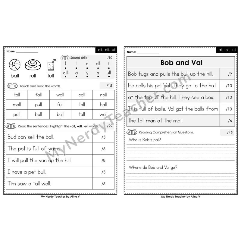 Printable Phonics Assessment — -all, -oll, -ull