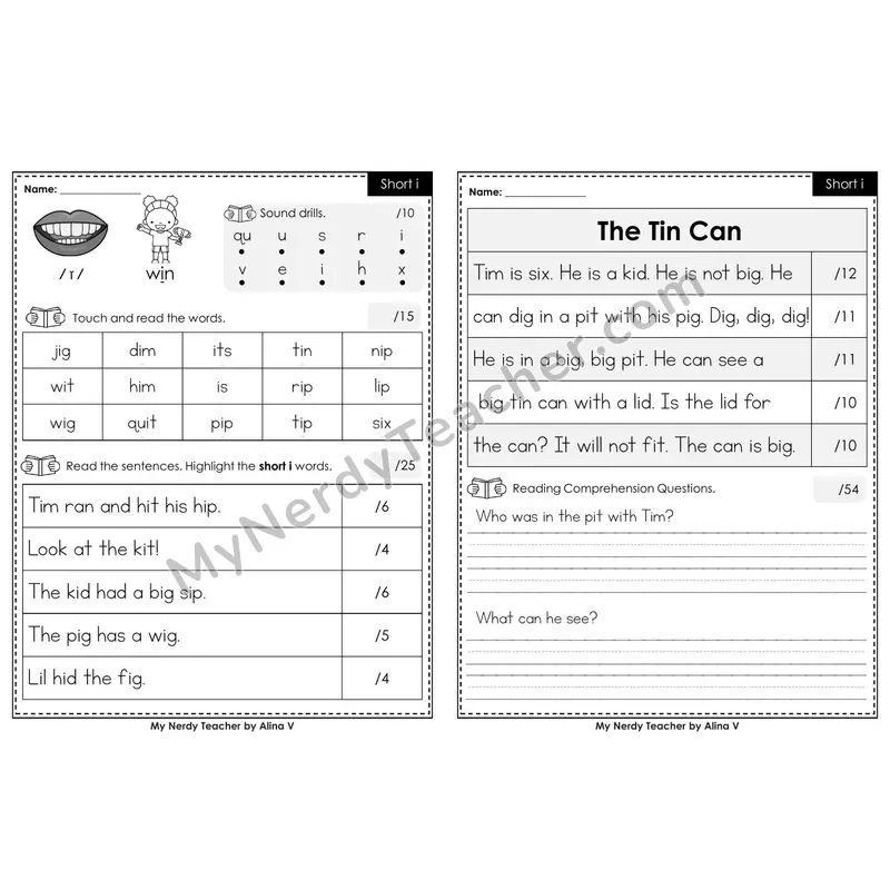 Printable Phonics Assessment — Short i