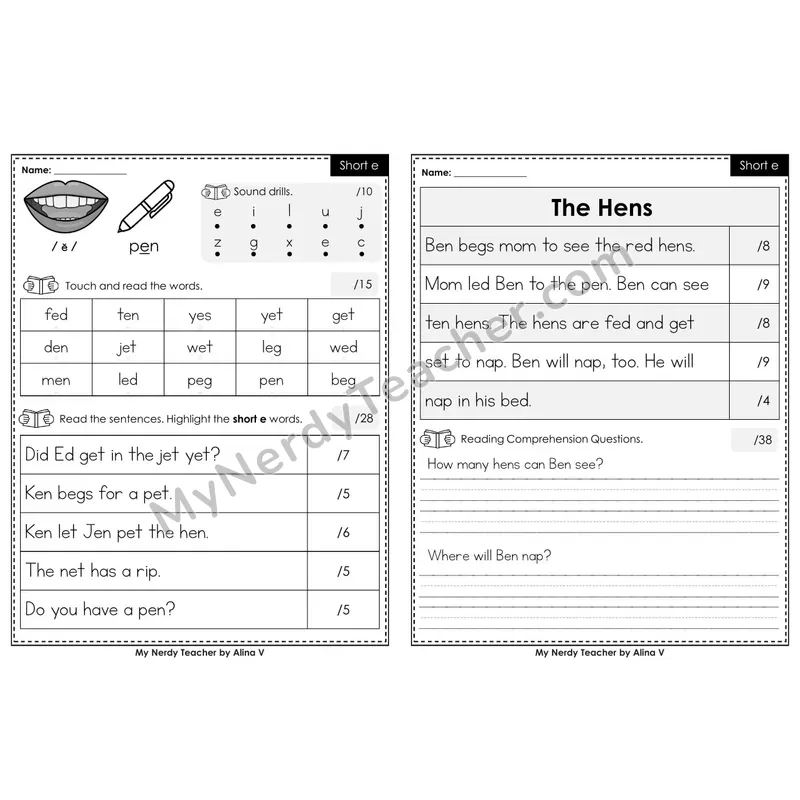 Printable Phonics Assessment — Short e
