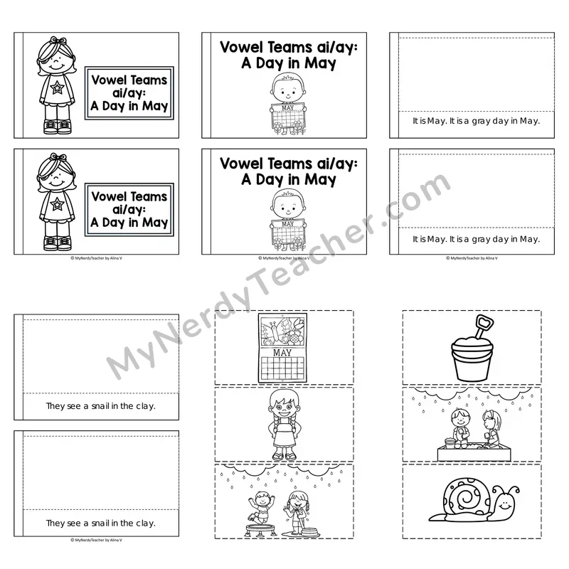 Vowel Teams Decodable Puzzle Book — A Day in May (Black and White)