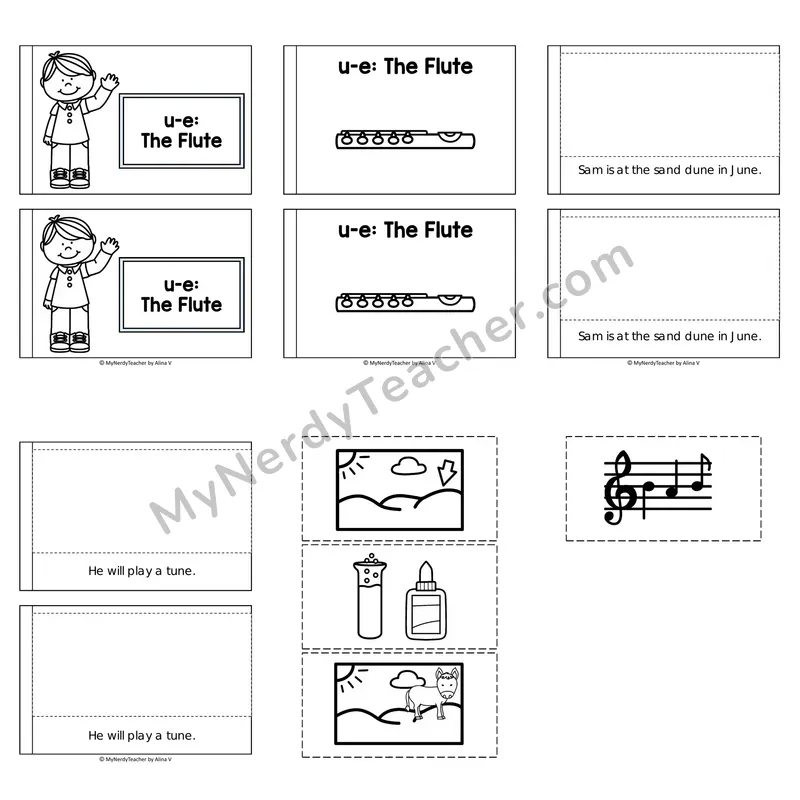 Long U Decodable Puzzle Book — The Flute (Black and White)