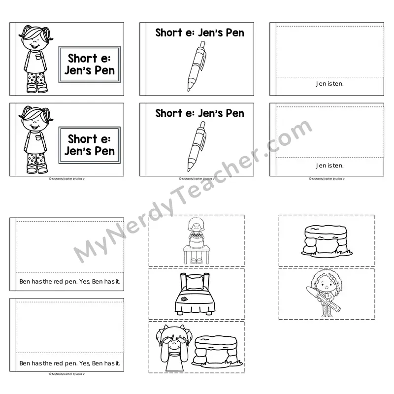 Short E Decodable Puzzle Book — Jen's Pen (Black and White)