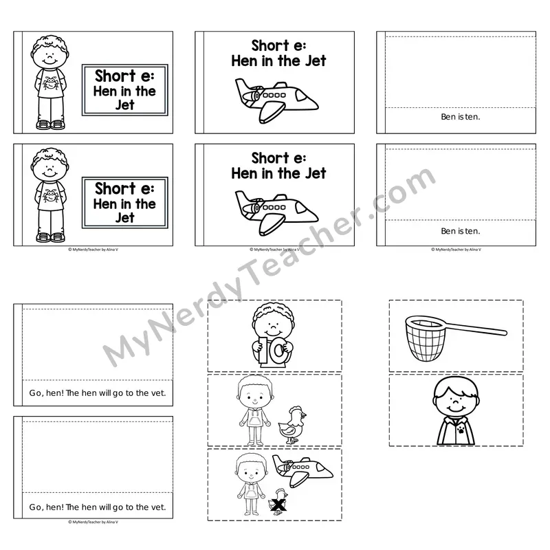 Short E Decodable Puzzle Book — Hen in the Jet (Black and White)