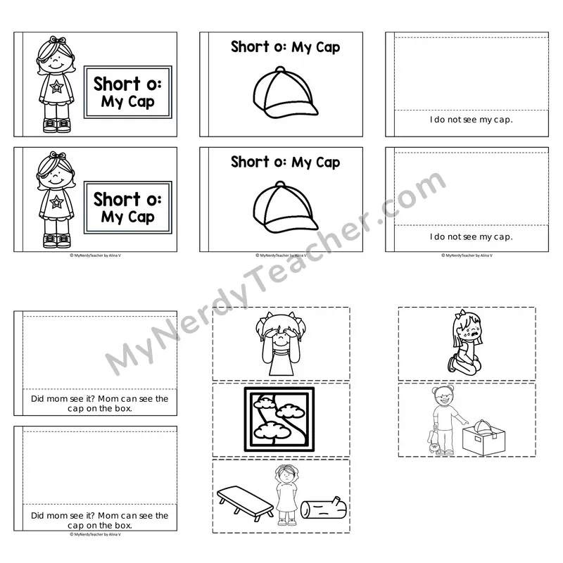 Short O Decodable Puzzle Book — My Cap (Black and White)