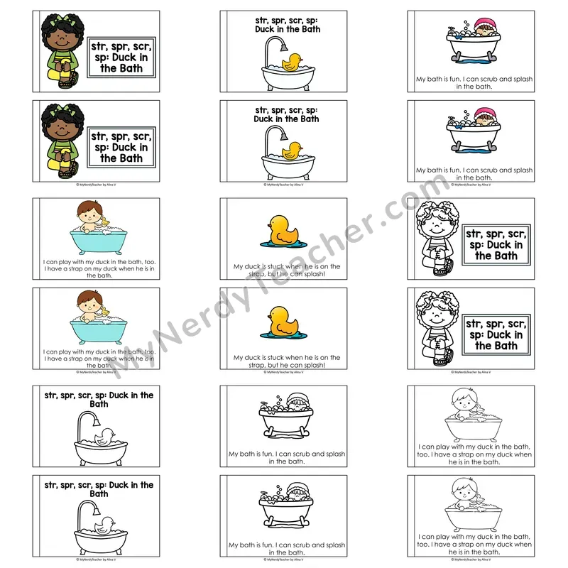Triple Blends (str, spr, scr, sp) Decodable Reader — Duck in the Bath