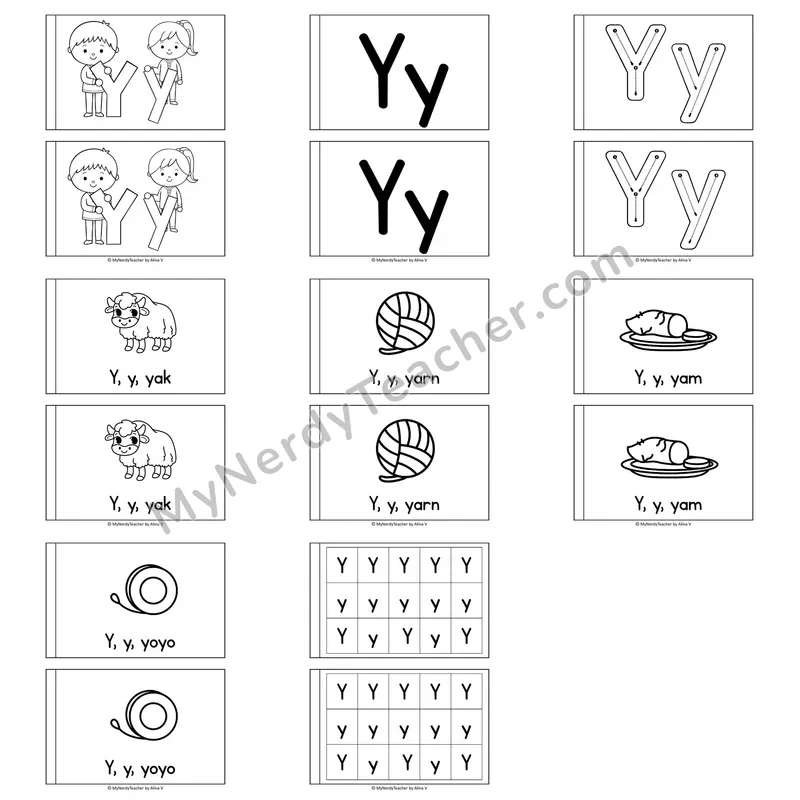 Letter Y Alphabet Book — Printable Black and White Decodable Reader