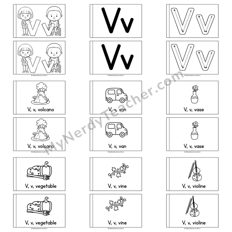 Letter V Alphabet Book — Printable Black and White Decodable Reader