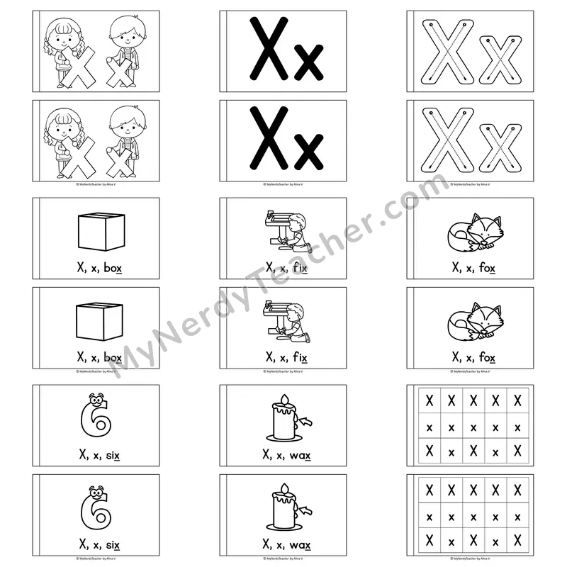 Letter X Alphabet Book — Printable Black and White Decodable Reader