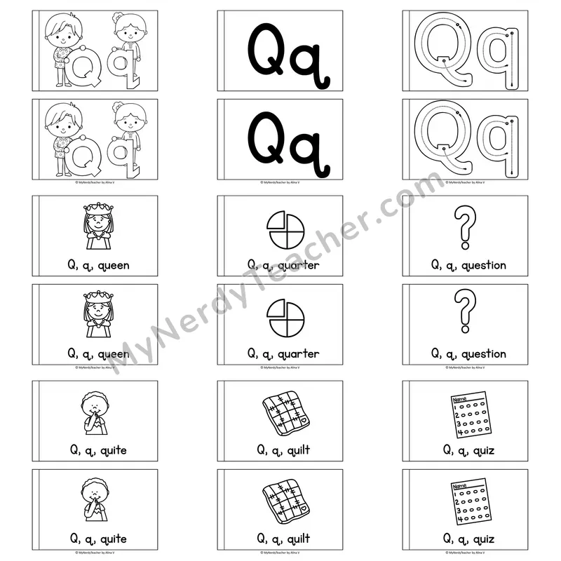 Letter Q Alphabet Book — Printable Black and White Decodable Reader