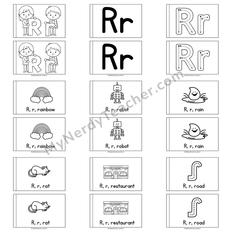 Letter R Alphabet Book — Printable Black and White Decodable Reader