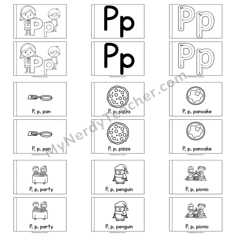 Letter P Alphabet Book — Printable Black and White Decodable Reader