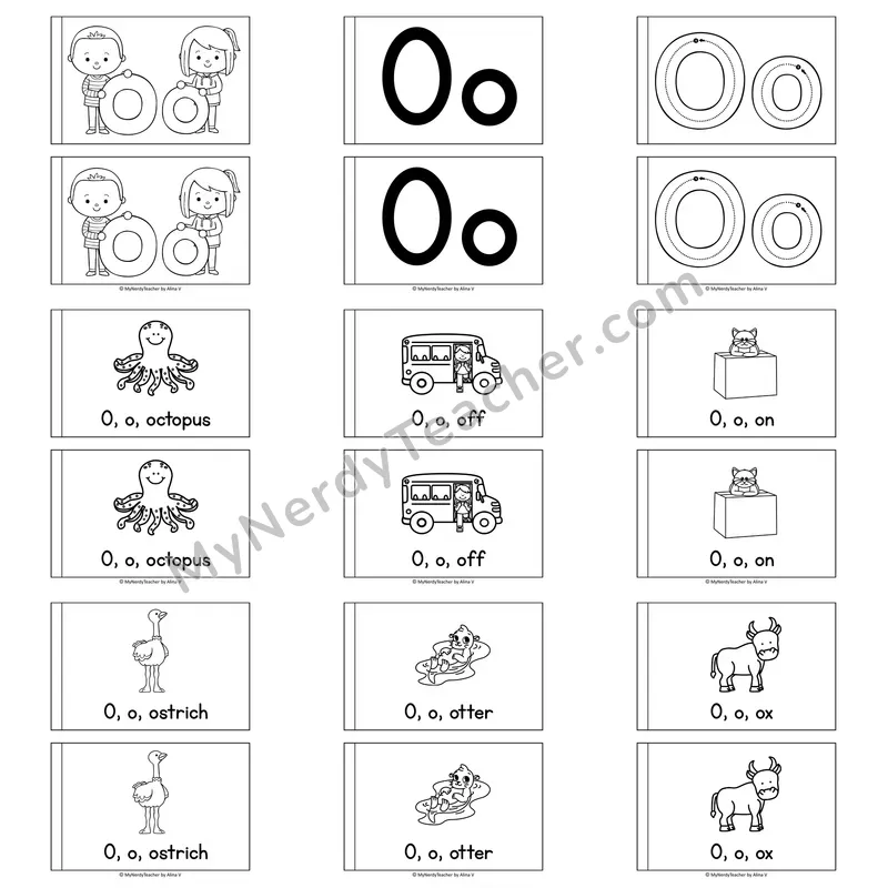 Letter O Alphabet Book — Printable Black and White Decodable Reader