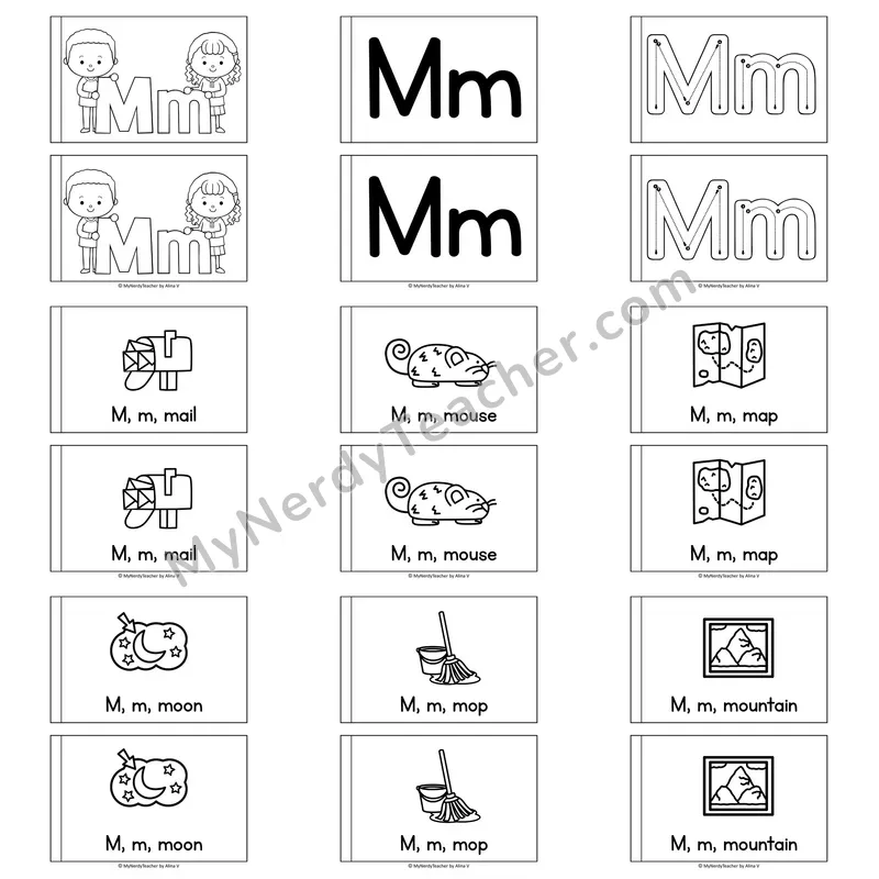 Letter M Alphabet Book — Printable Black and White Decodable Reader