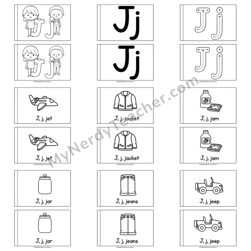 Letter J Alphabet Book — Printable Black and White Decodable Reader