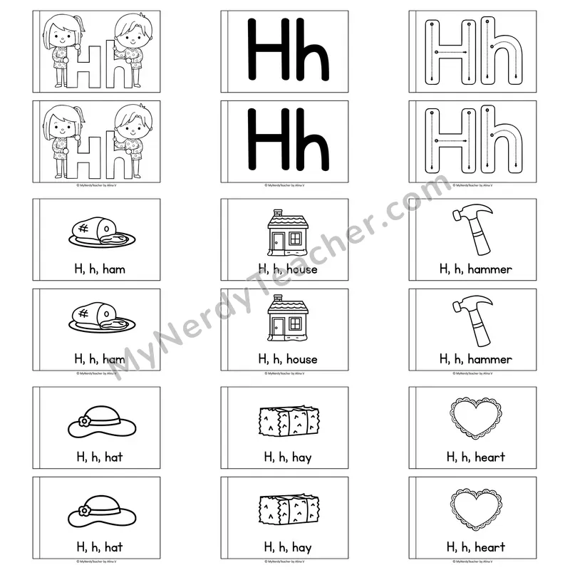 Letter H Alphabet Book — Printable Black and White Decodable Reader