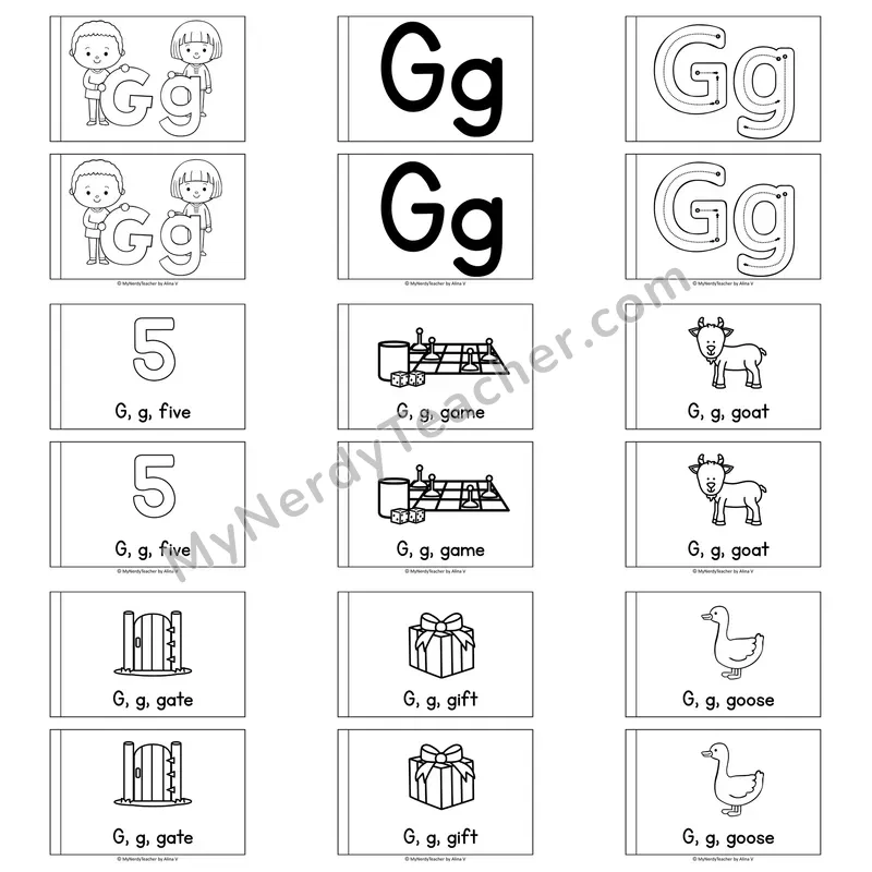 Letter G Alphabet Book — Printable Black and White Decodable Reader