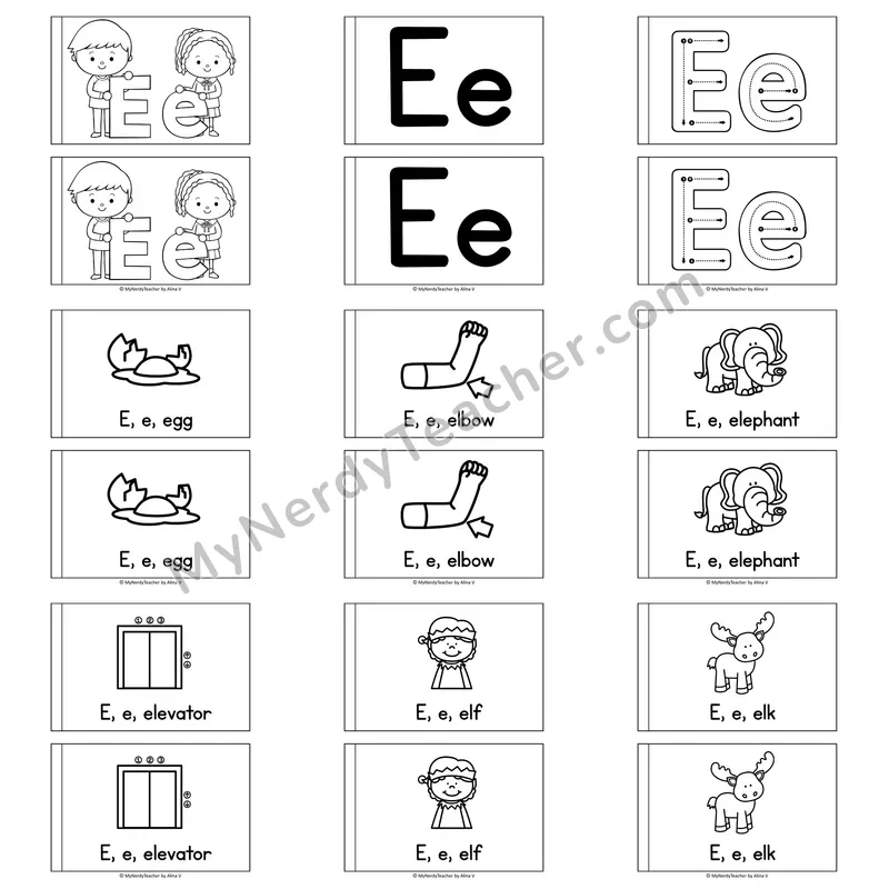 Letter E Alphabet Book — Printable Black and White Decodable Reader