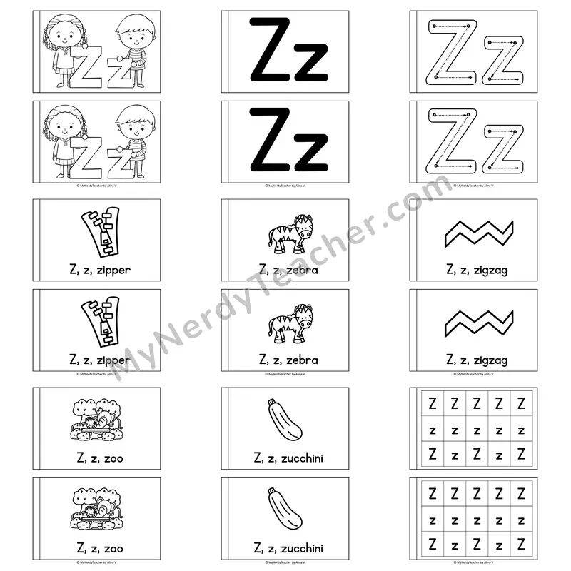 Letter Z Alphabet Book — Printable Black and White Decodable Reader
