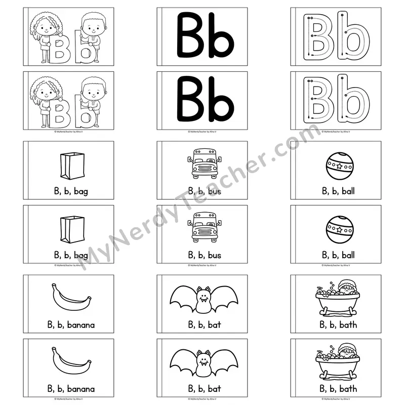 Letter B Alphabet Book — Printable Black and White Decodable Reader