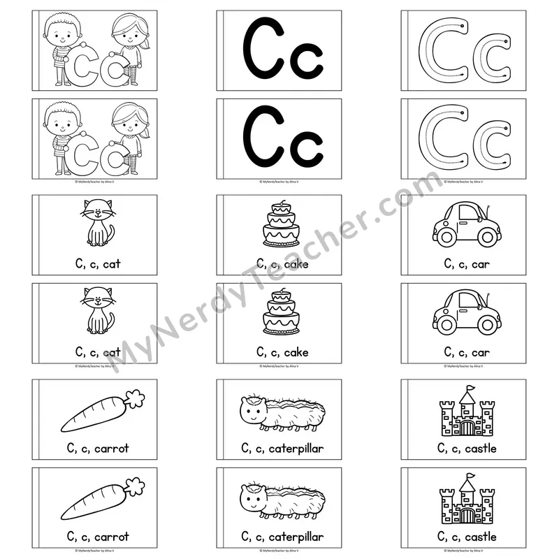 Letter C Alphabet Book — Printable Black and White Decodable Reader