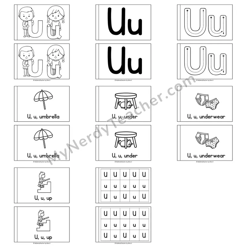 Letter U Alphabet Book — Printable Black and White Decodable Reader